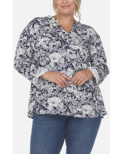 White Mark Plus Size Pleated Long Sleeve Floral Print Blouse - Blue
