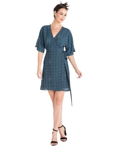 Standards & Practices V-neck Kimono Mini Length Wrap Dress - Blue