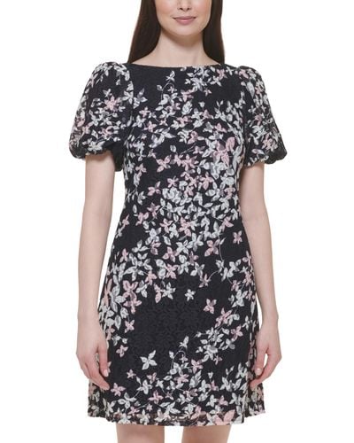 Jessica Howard Floral-print Puff-sleeve Lace Sheath Dress - Black