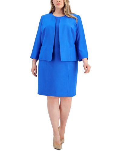 Le Suit Plus Size Collarless Jacket & Sheath Dress Suit - Blue