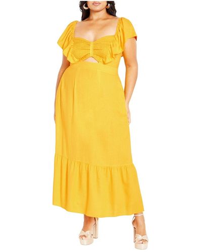 City Chic Plus Size Alora Strap Front Frill Maxi Dress - Yellow