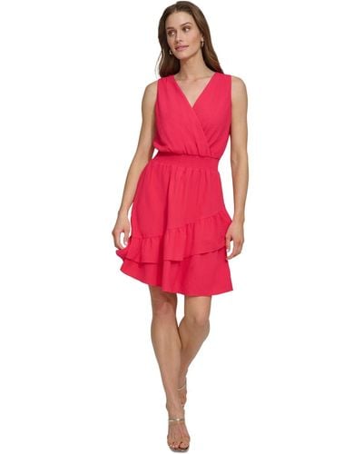 DKNY Sleeveless Smocked-waist A-line Dress - Red