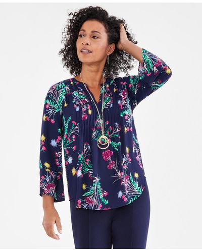 Style & Co. Petite Floral-print Pintucked Top - Blue