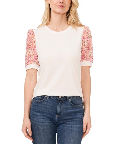 Cece Floral Short Sleeve Mixed Media Crewneck Knit Top - White