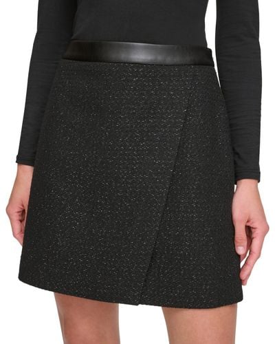 DKNY Lurex Tweed Faux-leather-trim A-line Skirt - Black