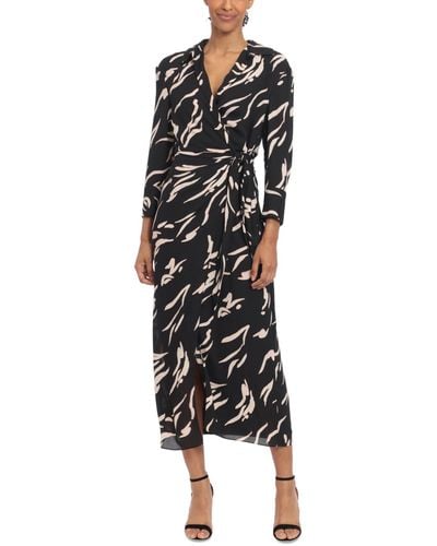 Donna Morgan Printed Collared Midi Wrap Dress - Black
