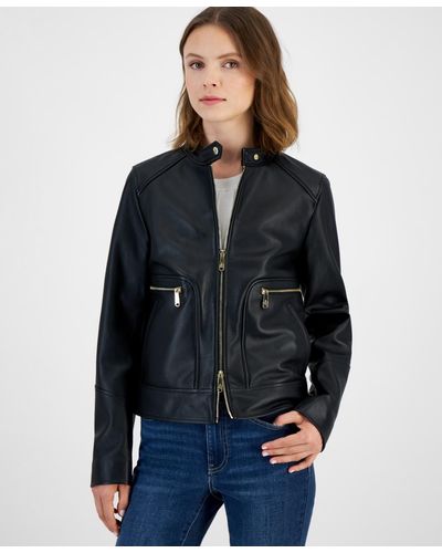 Sam Edelman Leather Snap-collar Jacket - Blue