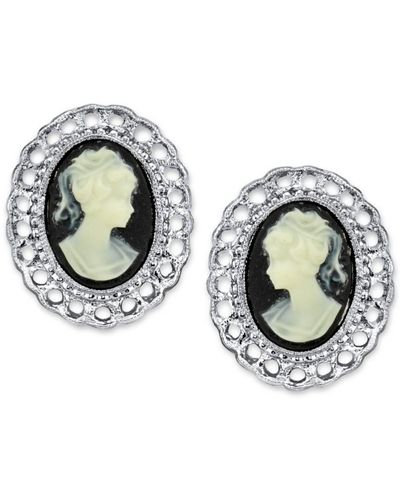 2028 Silver-tone Black Cameo Oval Filigree Clip Button Earrings - Metallic