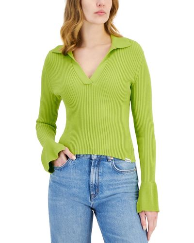 HUGO Ribbed Long-sleeve Collared V-neck Knit Sweater - Green