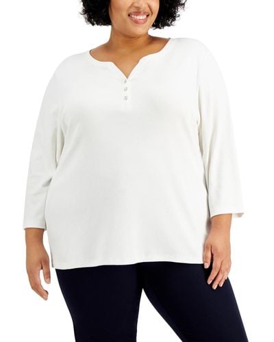 Karen Scott Plus Size 3/4-sleeve Henley Top - White