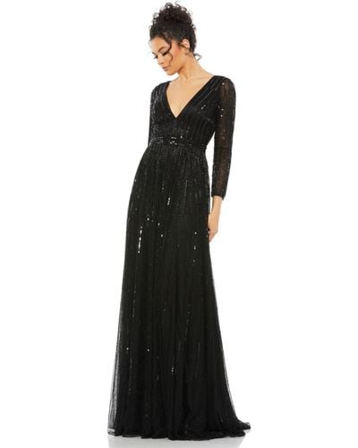 Mac Duggal Sequined V Neck Illusion Sleeve A Line Gown - Black