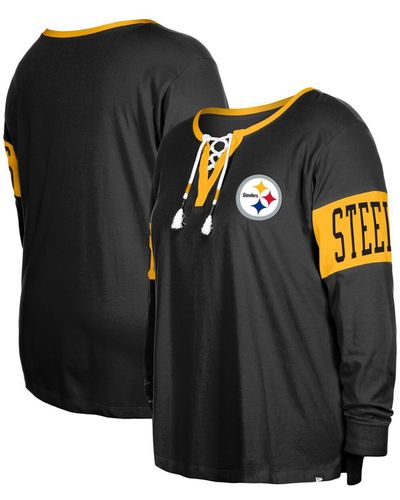 KTZ Pittsburgh Steelers Plus Size Lace-up Notch Neck Long Sleeve T-shirt - Black