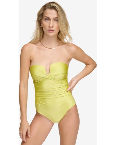 Calvin Klein Shirred Tummy-control Split-cup Bandeau One-piece Swimsuit - Yellow