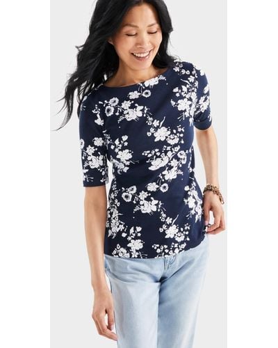 Style & Co. Printed Boat-neck Elbow-sleeve Top - Blue