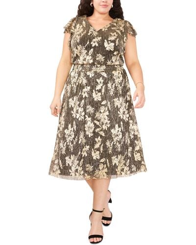 Msk Plus Size Floral-print Flutter-sleeve Dress - Natural