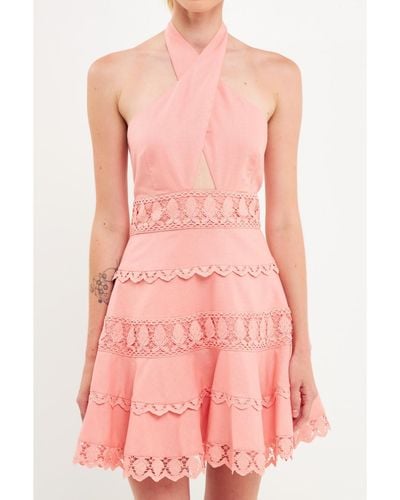 Endless Rose Halter Neck Lace Trim Dress - Pink