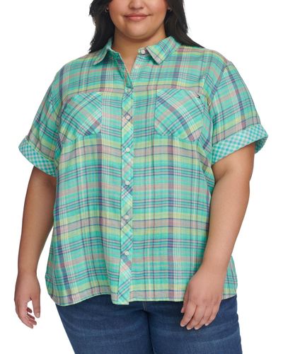 Tommy Hilfiger Plus Size Plaid Short-sleeve Camp Shirt - Blue