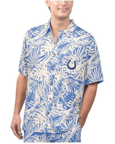 Margaritaville Tan Indianapolis Colts Sand Washed Monstera Print Party Button-up Shirt - Blue