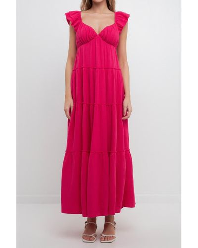 Free the Roses Maxi Sweetheart Dress With Raw Edge Details - Pink