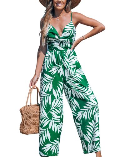 CUPSHE Tropical Sweetheart Twist & Keyhole Wide Leg Jumpsuit - Green