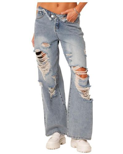 Edikted Foldover Waist Jeans With Row Hem And Distressed Details - Blue