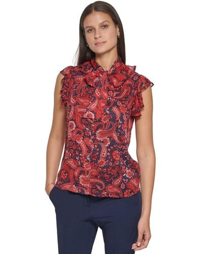Tommy Hilfiger Paisley-print Tie-neck Ruffle Top - Red