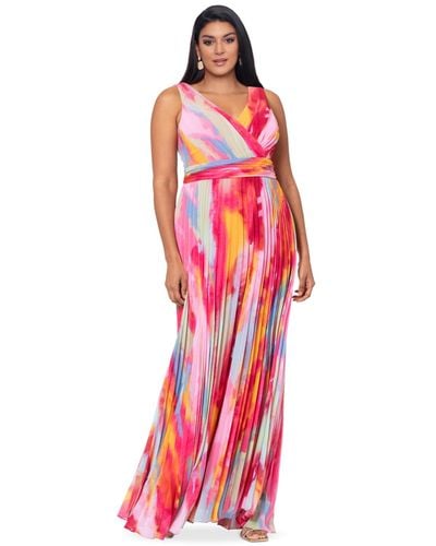 Xscape Plus Size Printed V-neck Ruched-waist Pleated Gown - Red