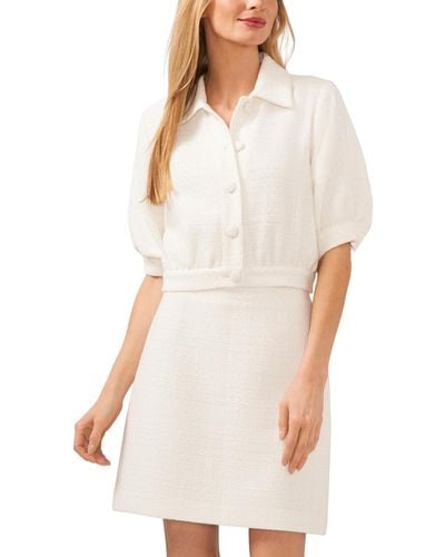 Cece Puffed-sleeve Tweed Short-sleeve Jacket - White