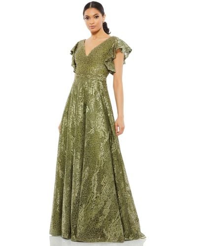 Mac Duggal Embroidered Flutter Sleeve V-neck Gown - Green