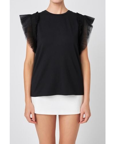 English Factory Tulle Ruffle Knit Top - Black