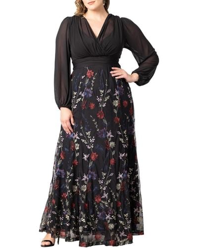 Kiyonna Plus Size Isabella Embroidered Mesh Formal Gown - Black