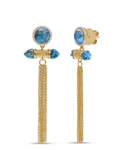 LuvMyJewelry Sunkissed Design Gold Plated Silver Turquoise Gemstone Diamond Fringe Earring - Blue