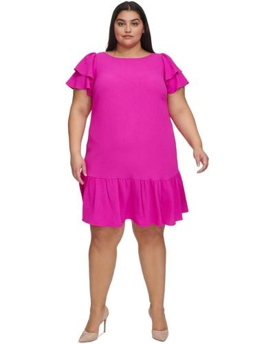DKNY Plus Size Ruffle Flutter-sleeve Boat-neck Dress - Pink