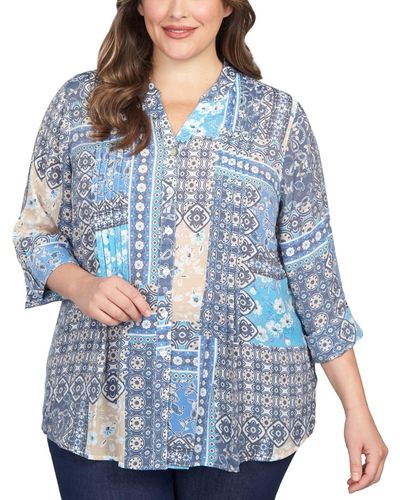 Ruby Rd. Plus Size Paisley Patchwork Print Button Front Top - Blue