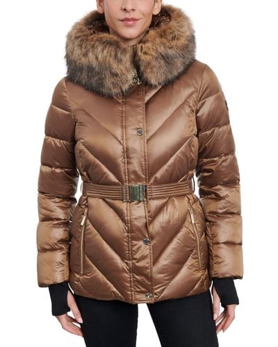 Michael Kors Shine Belted Faux-fur-trim Hooded Puffer Coat - Brown