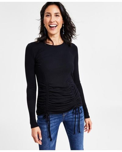 INC International Concepts Ruched Long-sleeve Top - Black