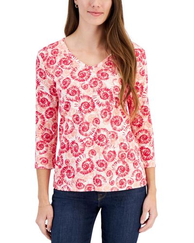 Karen Scott 3/4-sleeve Printed V-neck Top - Red