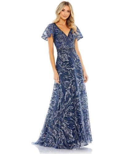 Mac Duggal Embellished Illusion Butterfly Sleeve A-line Gown - Blue