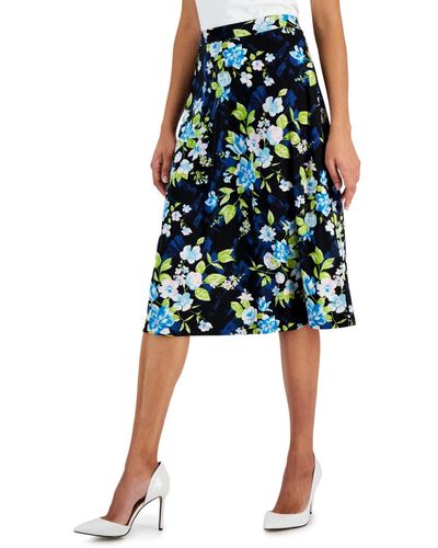 Kasper Petite Floral Flared Pull-on Midi Skirt - Blue