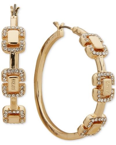 DKNY Gold-tone Medium Pave Link Hoop Earrings - Metallic