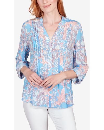 Ruby Rd. Petite Silky Gauze Patio Party Patchwork Button Front Top - Blue