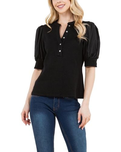 Fever Ribbed Knit Henley With Woven Puff Sleeve - Black