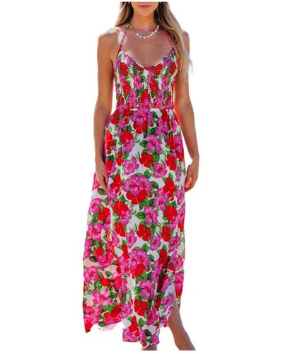 CUPSHE Floral Halterneck Smocked Bodice Maxi Beach Dress - Red