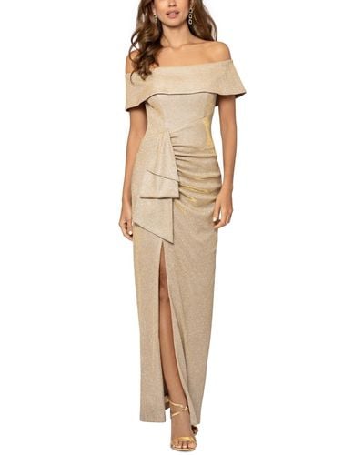Xscape Petite Draped Metallic Off-the-shoulder Gown - Natural