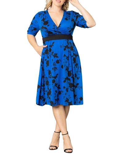 Kiyonna Plus Size Gabriella Ruched Sleeve Midi Dress - Blue