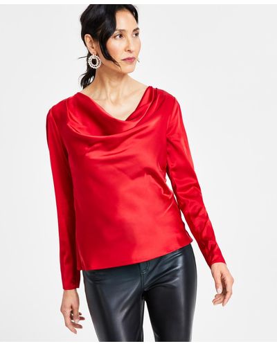 INC International Concepts Cowl Neck Long-sleeve Blouse - Red