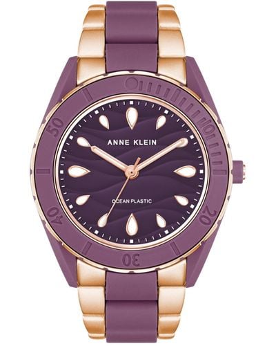Anne Klein Three-hand Quartz Rose Gold-tone And Purple Solar Oceanwork Plastic Bracelet Watch
