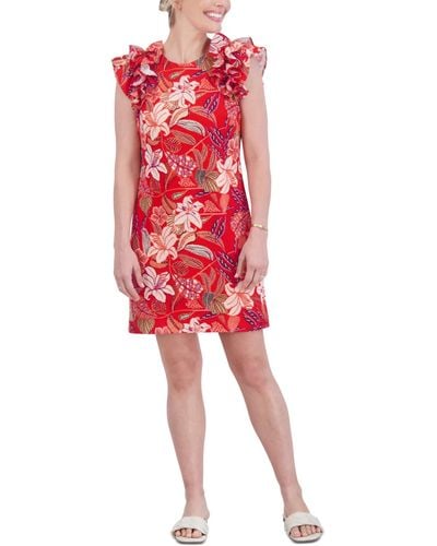 Jessica Howard Petite Printed Jewel-neck Ruffle-sleeve Dress - Red