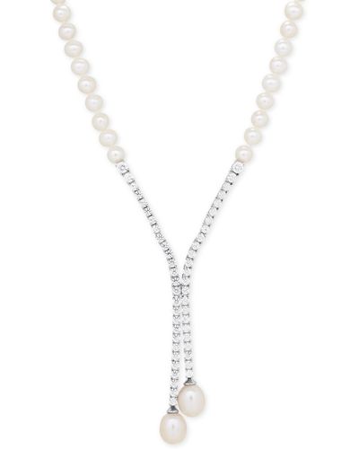 Arabella Cultured Freshwater Pearl (5mm & 10 X 8mm) And Swarovski Zirconia Lariat Necklace In Sterling Silver - Metallic