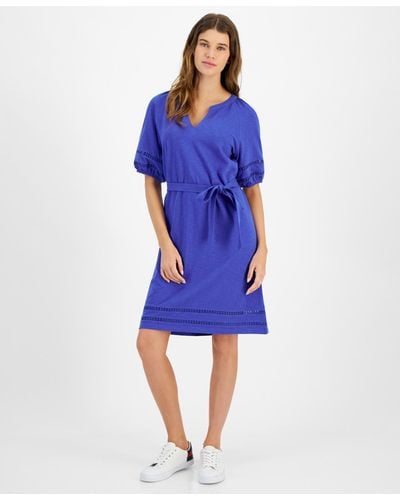Tommy Hilfiger Cotton Belted Puff-sleeve Dress - Blue